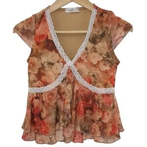 Rebellious Dreamer Y2K Babydoll Top Sz S Soft Romantic Floral Lace Trim Ethereal